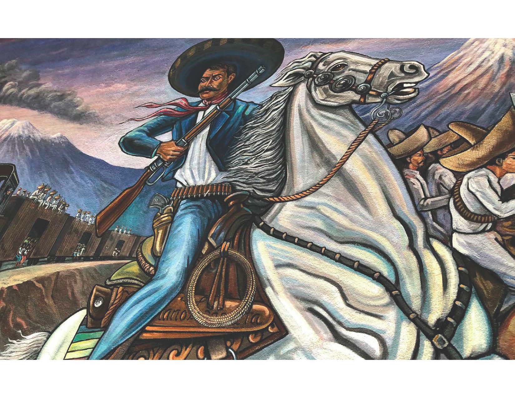 Illustration of Mexican revolutionary Emiliano Zapata. He is riding a horse and carrying a rifle.