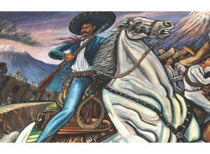 Illustration of Mexican revolutionary Emiliano Zapata. He is riding a horse and carrying a rifle.
