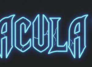 neon-outline font of words" Dracula '87" " with bat wings connected on each end 