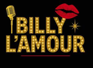 Black background with Gold microphone onLift side and red lips on right side. In center with Gold font: Billy L’Amour