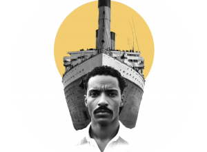 Image of the Titanic (ship) with a photo of a man at the helm