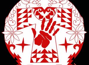 Blackbackground with red symbols on shirt with red hand print in the middle
