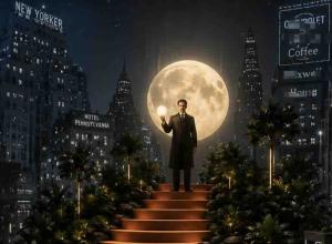 A man holding a light bulb standing at the top of a stairway with a moon behind him