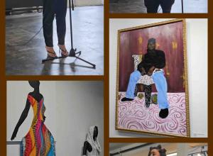 Collage of artworks and performers on a stage 